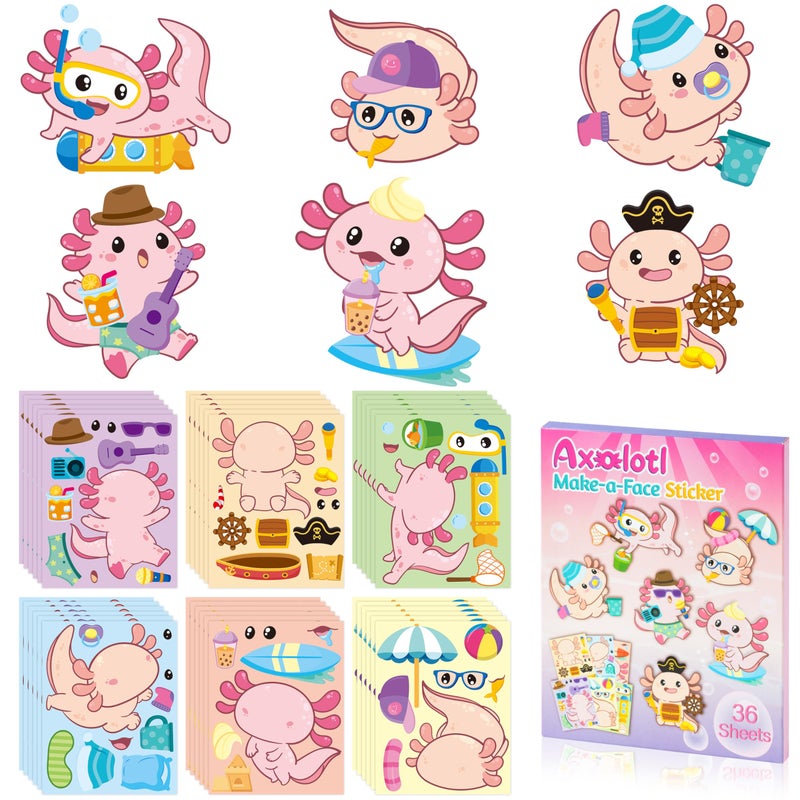 B1ykin Axolotl Make a Face Sticker 36 Sheets Make Your Own Cute Animal Stickers Mix Match DIY Art Craft for Birthday Party Favors School Activity Games and Christmas Stocking Stuffers - Image 3