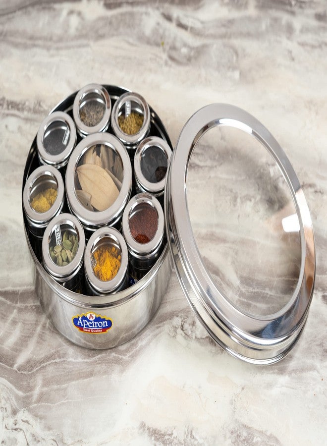 Apeiron 9 in 1 Spice Box Stainless Steel stylish Extra Large | Masala Dabba Steel | See through lid 9 containers, 9 Spoons(22.5cms) - Image 1