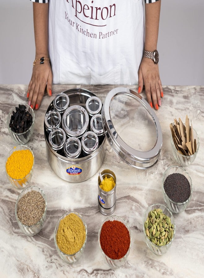 Apeiron 9 in 1 Spice Box Stainless Steel stylish Extra Large | Masala Dabba Steel | See through lid 9 containers, 9 Spoons(22.5cms) - Image 3