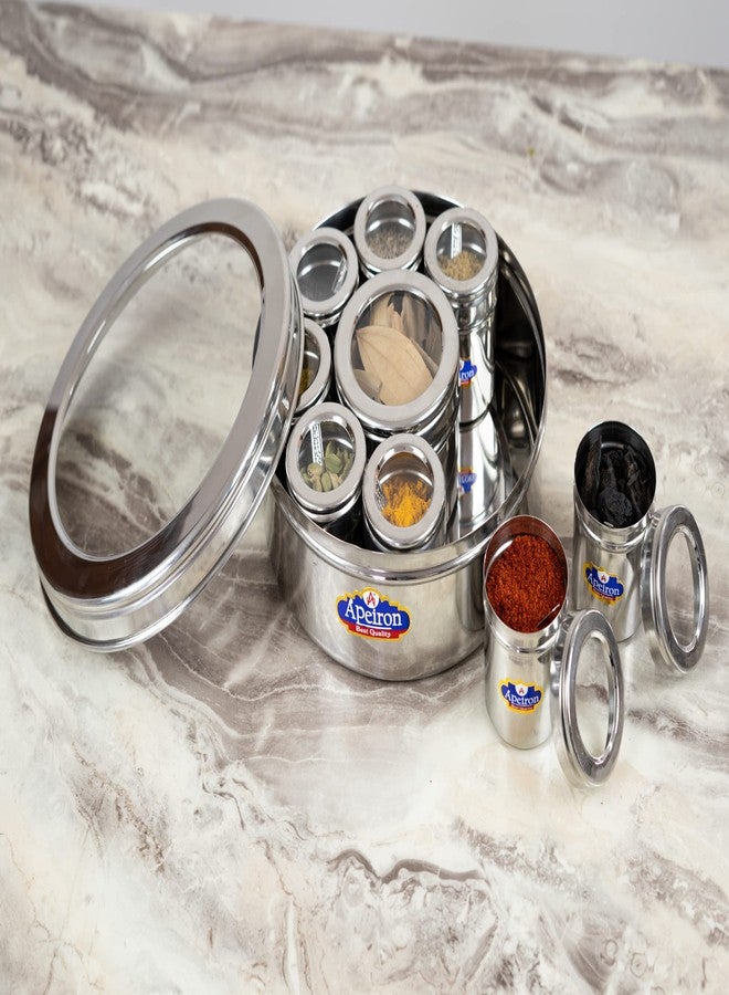 Apeiron 9 in 1 Spice Box Stainless Steel stylish Extra Large | Masala Dabba Steel | See through lid 9 containers, 9 Spoons(22.5cms) - Image 4