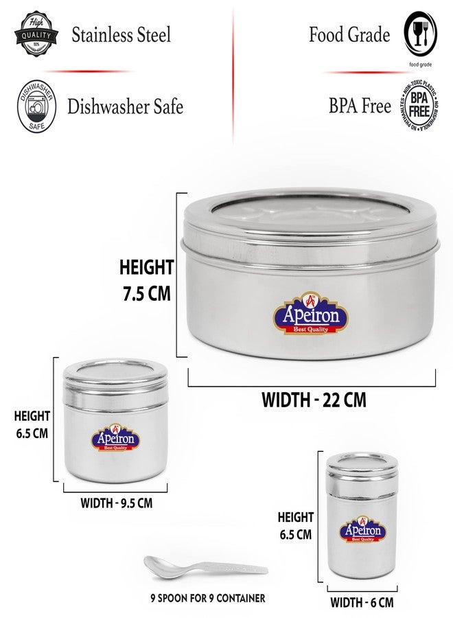 Apeiron 9 in 1 Spice Box Stainless Steel stylish Extra Large | Masala Dabba Steel | See through lid 9 containers, 9 Spoons(22.5cms) - Image 2