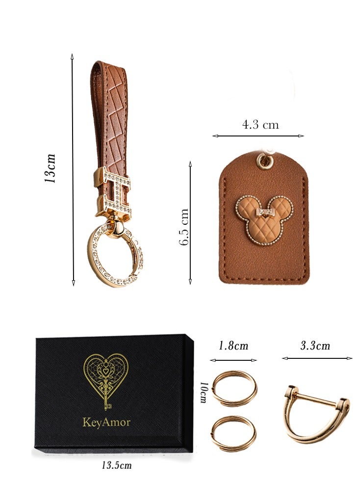 KeyAmor Elegant metal and quilted leather keychain for car keys includes a matching AirTag holder stylish design with golden crystal rings perfect for women has three key rings    light brown leather spins 360 degrees and comes in a  gift box - Image 4