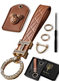 KeyAmor Elegant metal and quilted leather keychain for car keys includes a matching AirTag holder stylish design with golden crystal rings perfect for women has three key rings    light brown leather spins 360 degrees and comes in a  gift box  - Image 3