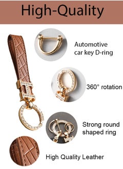 KeyAmor Elegant metal and quilted leather keychain for car keys includes a matching AirTag holder stylish design with golden crystal rings perfect for women has three key rings    light brown leather spins 360 degrees and comes in a  gift box  - Image 5