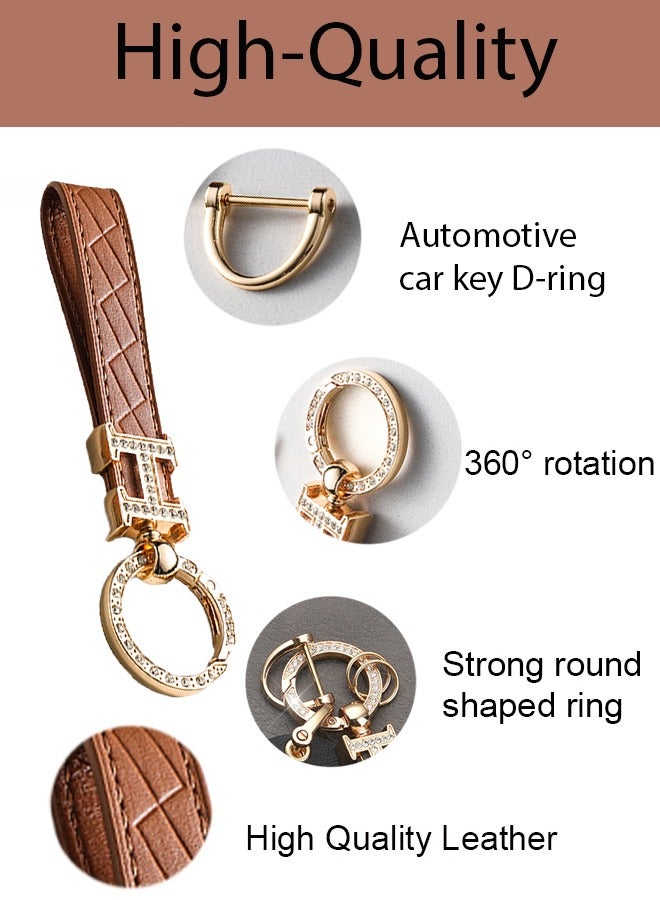 KeyAmor Elegant metal and quilted leather keychain for car keys includes a matching AirTag holder stylish design with golden crystal rings perfect for women has three key rings    light brown leather spins 360 degrees and comes in a  gift box - Image 5