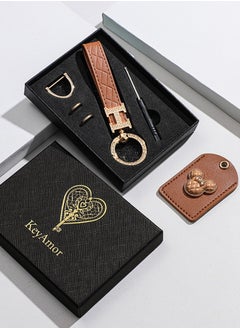KeyAmor Elegant metal and quilted leather keychain for car keys includes a matching AirTag holder stylish design with golden crystal rings perfect for women has three key rings    light brown leather spins 360 degrees and comes in a  gift box  - Image 2