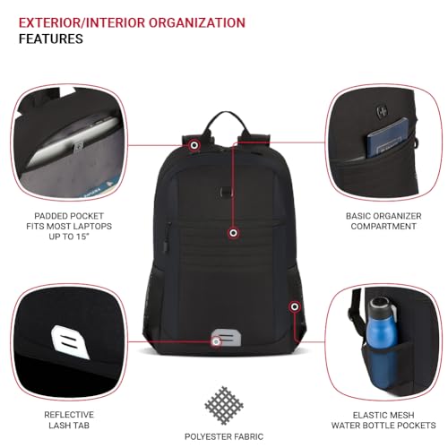 SwissGear Intro Laptop Backpack, Black, 17.5”x12”x6” - Image 2