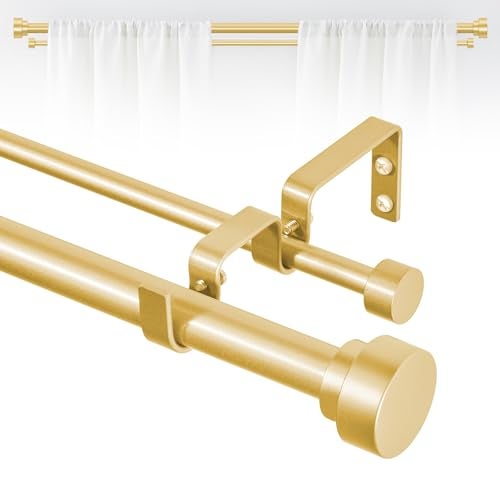TANGWIN Gold Double Curtain Rods for windows 66 to 120Adjustable Heavy Duty Double Curtain Rod for Bedroom Living Room1 Inch Brass Gold Iron Moden Decorative Telescopic Dual Drapery Rod Easy Install - Image 1
