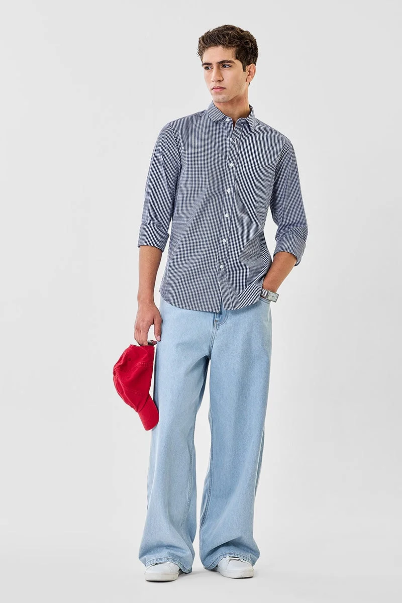 سنيتش قميص قطني % بقصة ضيقة ونقوش مربعات صغيرة