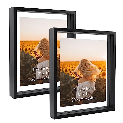 WIFTREY Black 8x10 Floating Picture Frame 2 Pack, Double Glass Distressed Floating Photo Frame for Tabletop or Wall Mount, Displays Photo up to 10x12 - Image 1