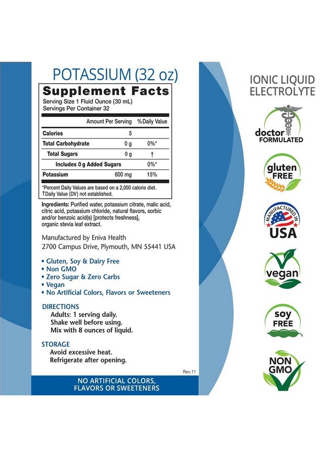 Eniva Health - Liquid Ionic Potassium Supplement For Cardiovascular Health Electrolyte Replacement And Metabolic Support ; 600 Mg ; Glutenfree Sugarfree And Ketofriendly ; Dietary Supplement (32Oz) 32 Servings - Image 1