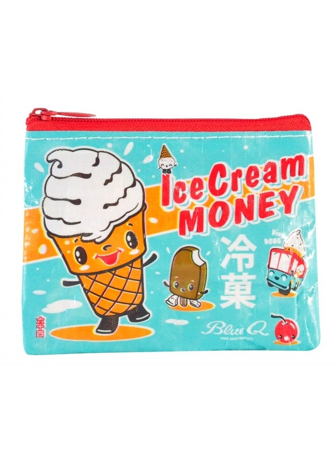 Coin Purse, Ice Cream Money. Made from 95% recycled material, the ultimate little zipper bag to corral money, ear buds, gift cards, stamps, vitamins, coins. 3"h x 4"w.