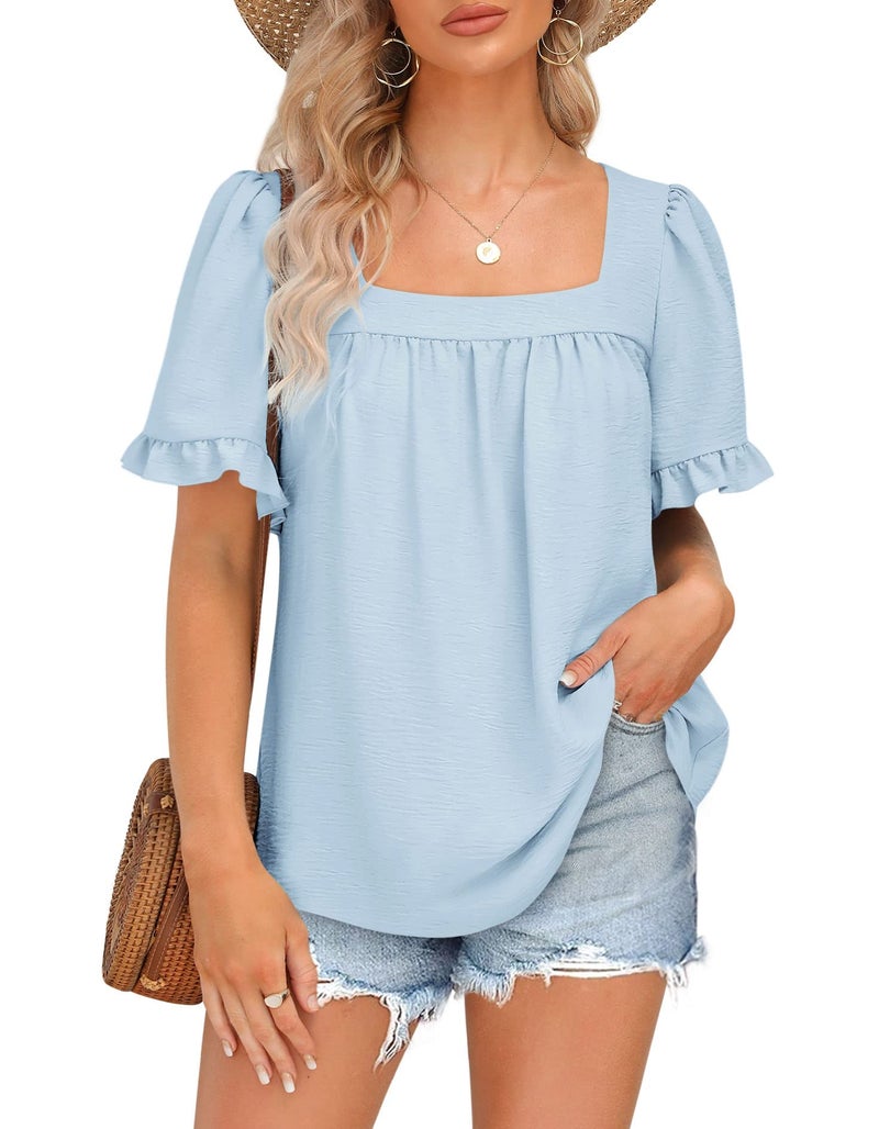BZB Womens Tops Dressy Casual Peplum Top Summer Flowy Blouses Square Neck Ruffle Sleeve Babydoll Tee Shirts Sky Blue M - Image 2