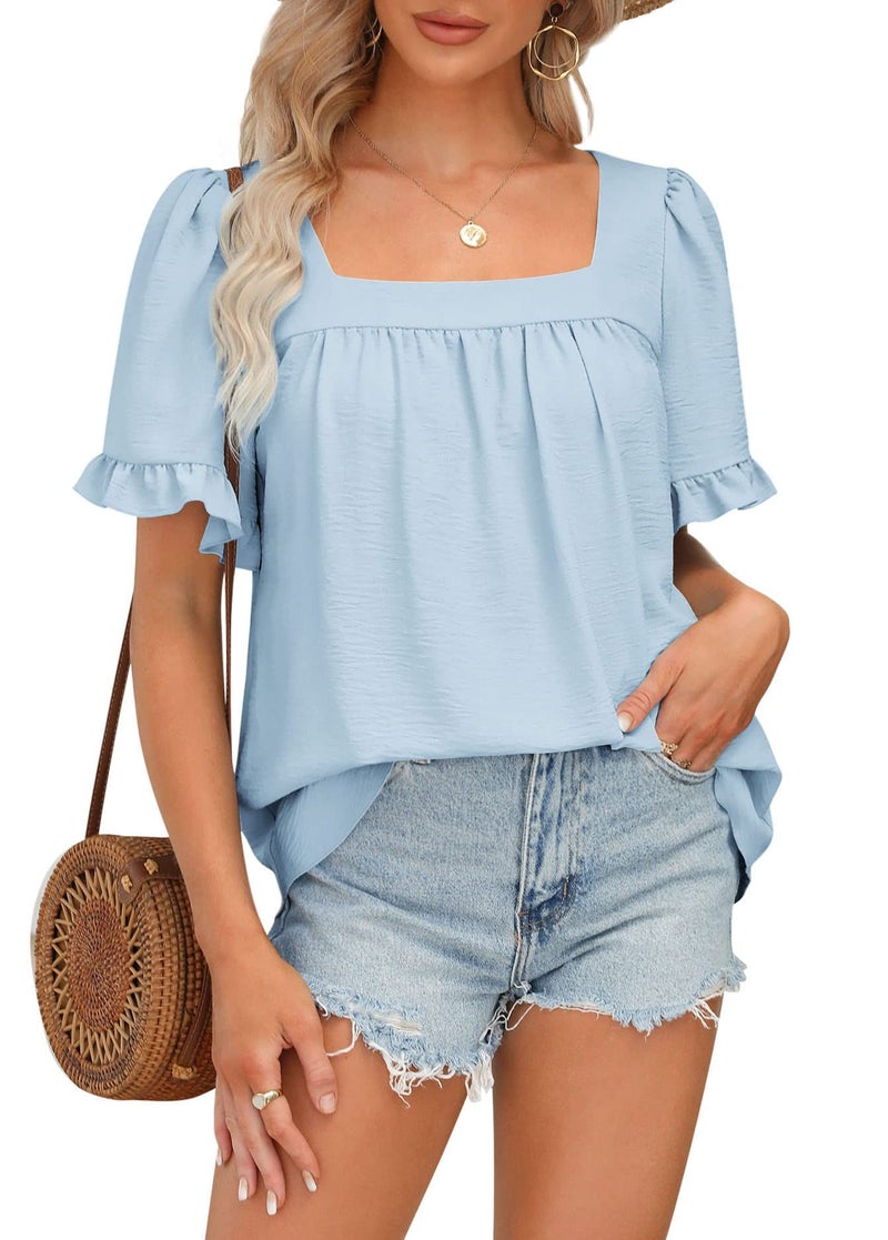 BZB Womens Tops Dressy Casual Peplum Top Summer Flowy Blouses Square Neck Ruffle Sleeve Babydoll Tee Shirts Sky Blue M - Image 1