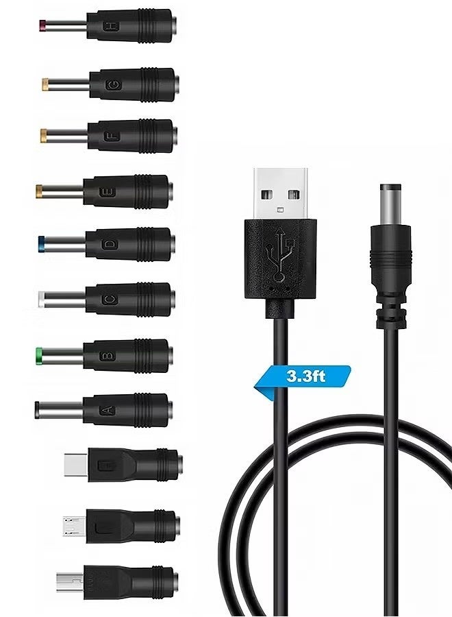 USB to DC 5V Power Cable 1M with 11pcs DC Tips Universal Charging Cord 5.5x2.1mm Micro USB Type-C Connector for Router Camera LED Devices - Image 1