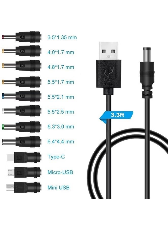 USB to DC 5V Power Cable 1M with 11pcs DC Tips Universal Charging Cord 5.5x2.1mm Micro USB Type-C Connector for Router Camera LED Devices - Image 2