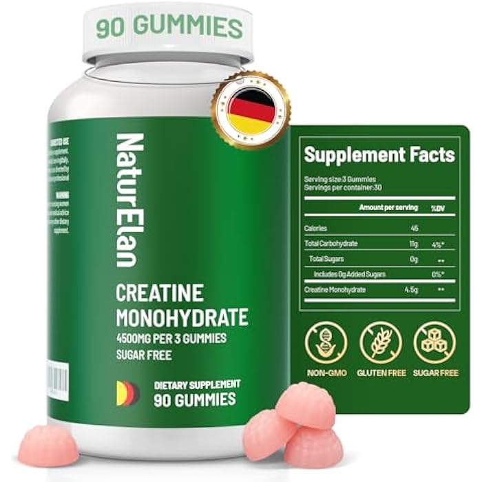NaturElan جومي كرياتين مونوهيدرات، خالي من السكر، بدون جيلاتين، مكمل قبل التمرين يدعم نمو العضلات، القوة والتعافي الأسرع، مختبر من طرف ثالث، نباتي، غير معدل وراثيًا - Image 1
