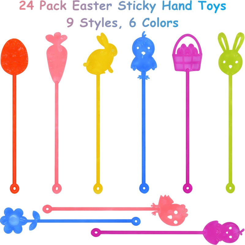 Howzcci 24 Pack Easter Sticky Hands Toys with 24 Pcs Plastic Easter Eggs, Easter Bunny Egg Chick Carrot Flower Basket Sticky Stretchy Toys for Kids Girls Boys Easter Basket Stuffers Party Favors Gifts - Image 2