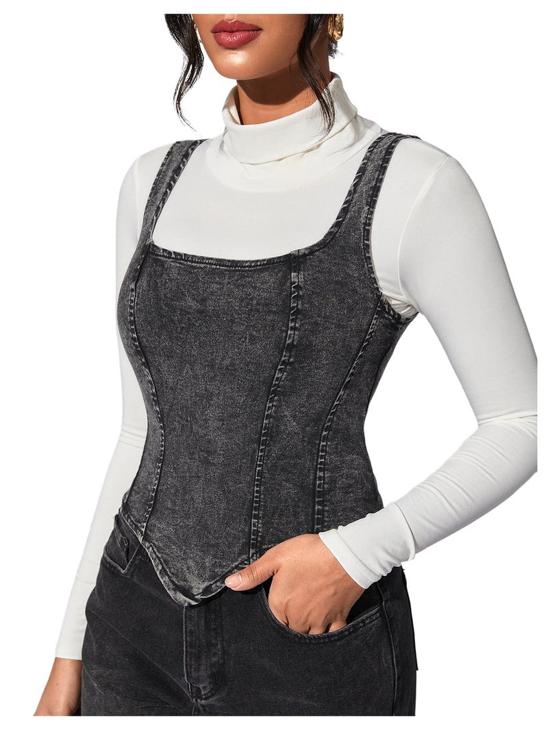 WDIRARA Women's Denim Corset Tank Top Asymmetrical Hem Crop Tops Sleeveless Zip Up Back Tanks Black Medium - Image 2