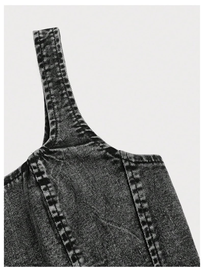 WDIRARA Women's Denim Corset Tank Top Asymmetrical Hem Crop Tops Sleeveless Zip Up Back Tanks Black Medium - Image 5