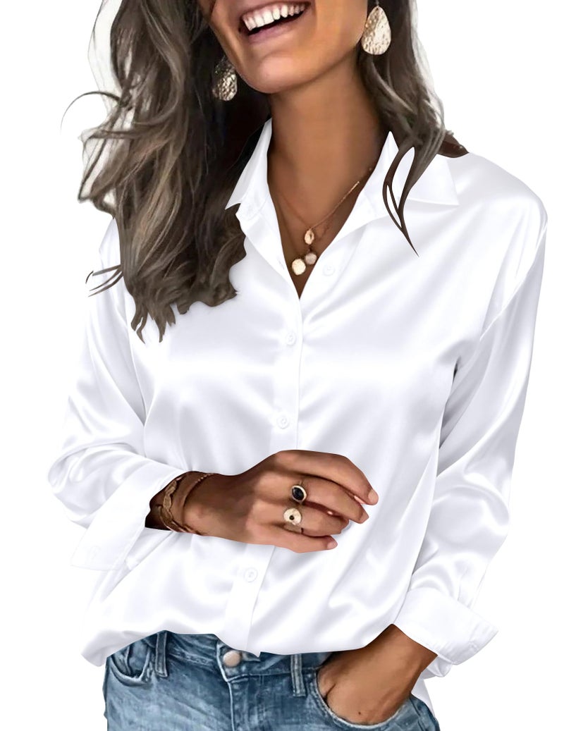Zeagoo Plus Size Satin Blouse Silk Button Down Womens Button Up Shirts White - Image 1