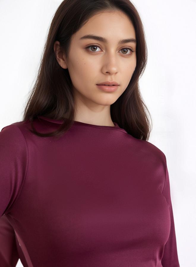 Styli Women Burgundy Solid Lace Long Sleeves Sheath Maxi Dress - Image 4