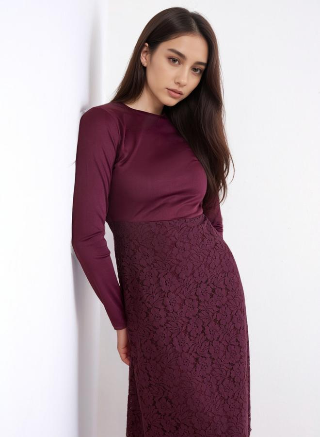 Styli Women Burgundy Solid Lace Long Sleeves Sheath Maxi Dress - Image 3