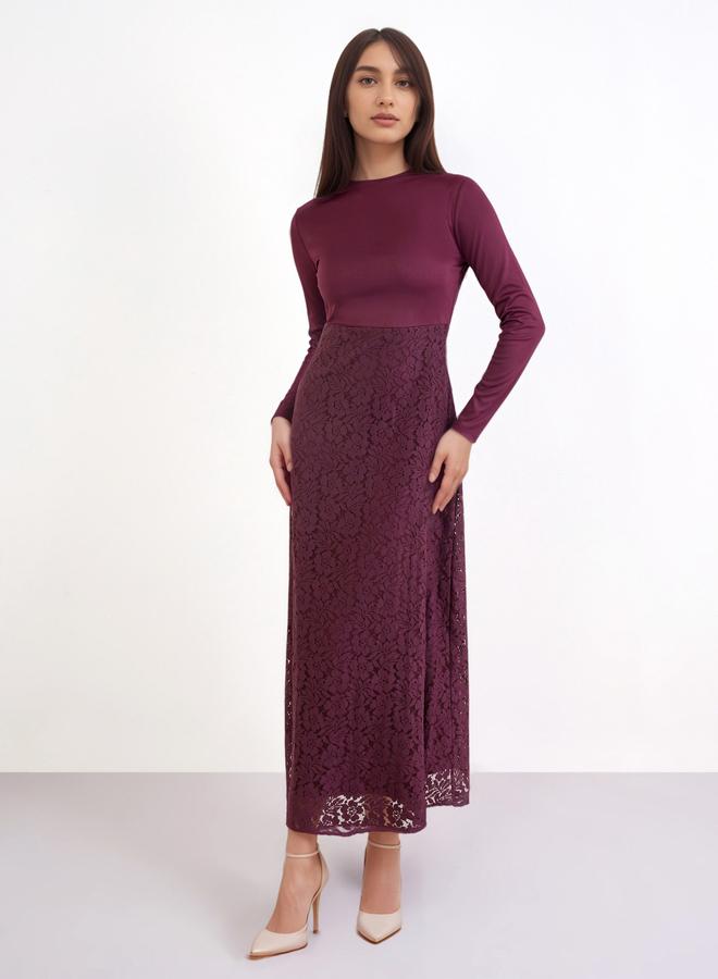 Styli Women Burgundy Solid Lace Long Sleeves Sheath Maxi Dress - Image 1