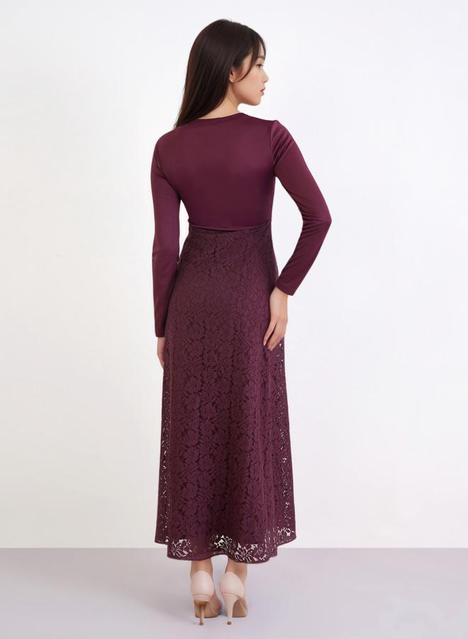 Styli Women Burgundy Solid Lace Long Sleeves Sheath Maxi Dress - Image 5