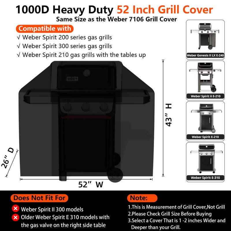 GuardKove [Upgraded 1000D Heavy Duty Fabric] 52" Grill Cover for Weber Spirit 200 and 300 Series Outdoor Gas Grills, Super Waterproof BBQ Cover, Tear & Fade Resistant 7106 Grill Cover for Weber with Buckle - Image 2