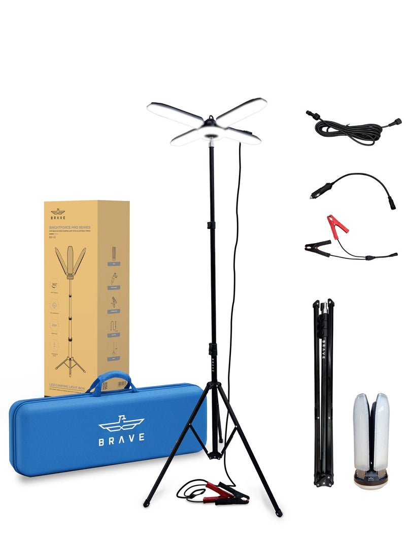 Brave Brightforce Pro 80W Portable LED Camping Light - 8000 Lumens Super Bright Folding Flood Light with Tripod Stand, Telescopic & Hangable Outdoor Light, Dual Power (Battery Clip & 12V Car Adapters), IP54 Waterproof, for Camping, Hunting, Emergency, Work, Portable Lantern & Carrying Bag - Image 1