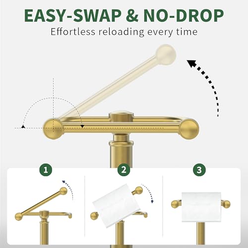 WZRUA Toilet Paper Holder Stand,Free Standing Toilet Paper Holder,Modern Post Pivoting Toilet Paper Stand with Stable Weighted Base,SUS304 Stainless Steel Tissue Roll Holder Stand for Bathroom,Brushed Gold - Image 3