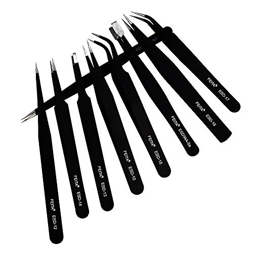 FEITA Precision Tweezer Set - FEITA Professional ESD Stainless Steel Anti static Tweezers Kit for Electronic, craft, Jewelry, Watchmakers, Hobby (Black 9 Pcs) - Image 5