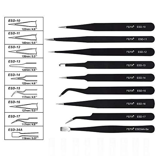 FEITA Precision Tweezer Set - FEITA Professional ESD Stainless Steel Anti static Tweezers Kit for Electronic, craft, Jewelry, Watchmakers, Hobby (Black 9 Pcs) - Image 3