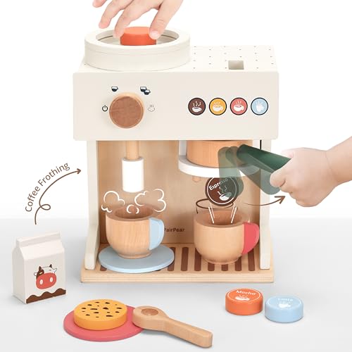 PairPear Wooden Espresso Coffee Maker Toy 18 Piece Barista Role Play Set with Pods Cups  Cookies Montessori Pretend Kitchen Accessory Gift for Toddlers  Kids Ages 3 - Image 5