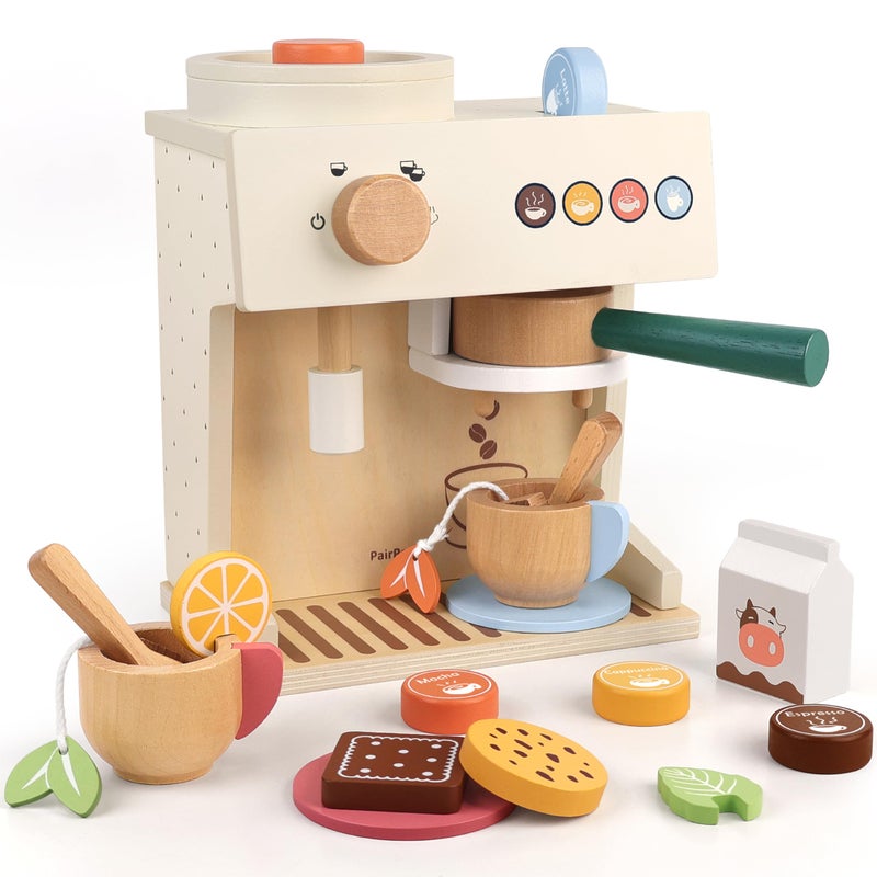 PairPear Wooden Espresso Coffee Maker Toy 18 Piece Barista Role Play Set with Pods Cups  Cookies Montessori Pretend Kitchen Accessory Gift for Toddlers  Kids Ages 3 - Image 3