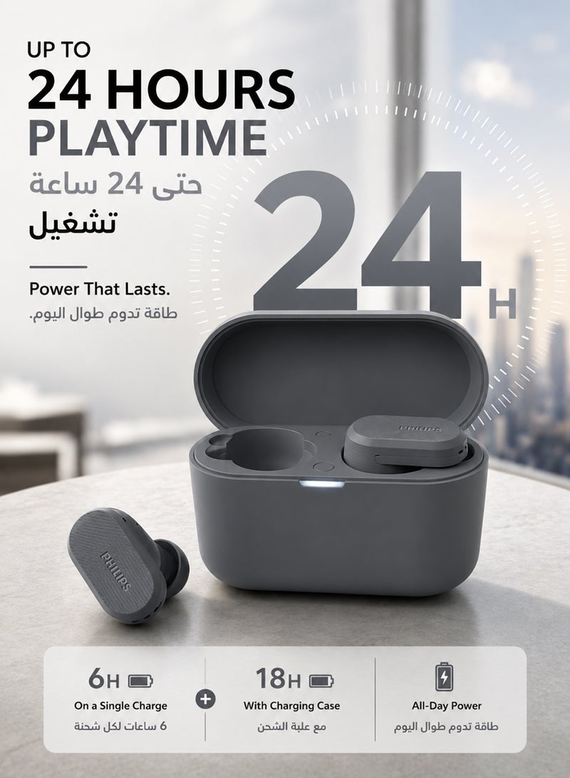 Philips True Wireless Earbuds, TWS Bluetooth 5.3 with Hybrid ANC, AI Clear Calls, Dynamic Bass Boost, IPX4 Waterproof, Touch Controls, USB-C Charging Case, Up to 24H Battery Life, TAT3509,   Grey grey - Image 2