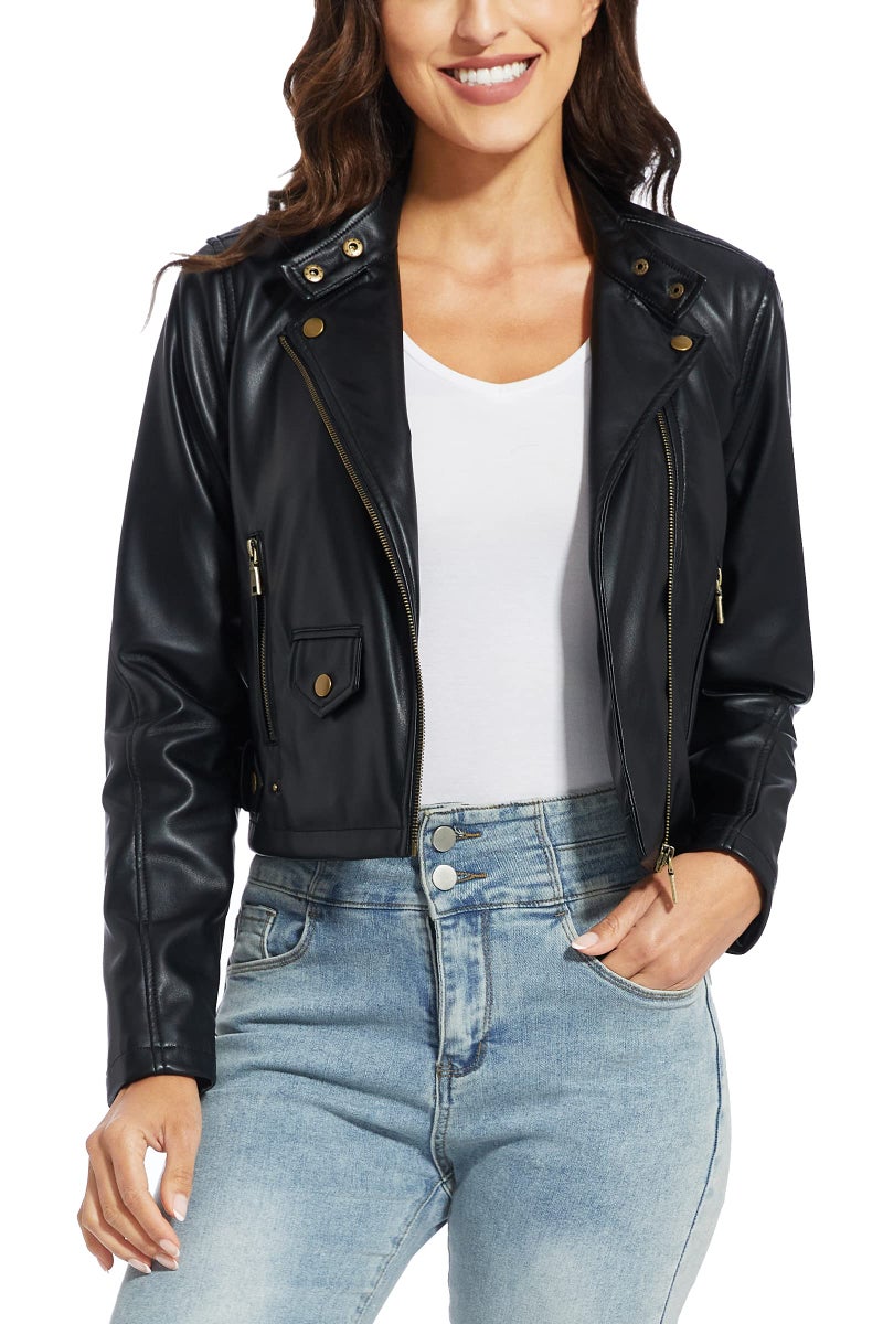 Fahsyee Faux Leather Jacket Women - Black Motorcycle Cropped Short Coat Moto Biker Blazer Slim Size Casual Soft Jackets Fashion M - Image 1