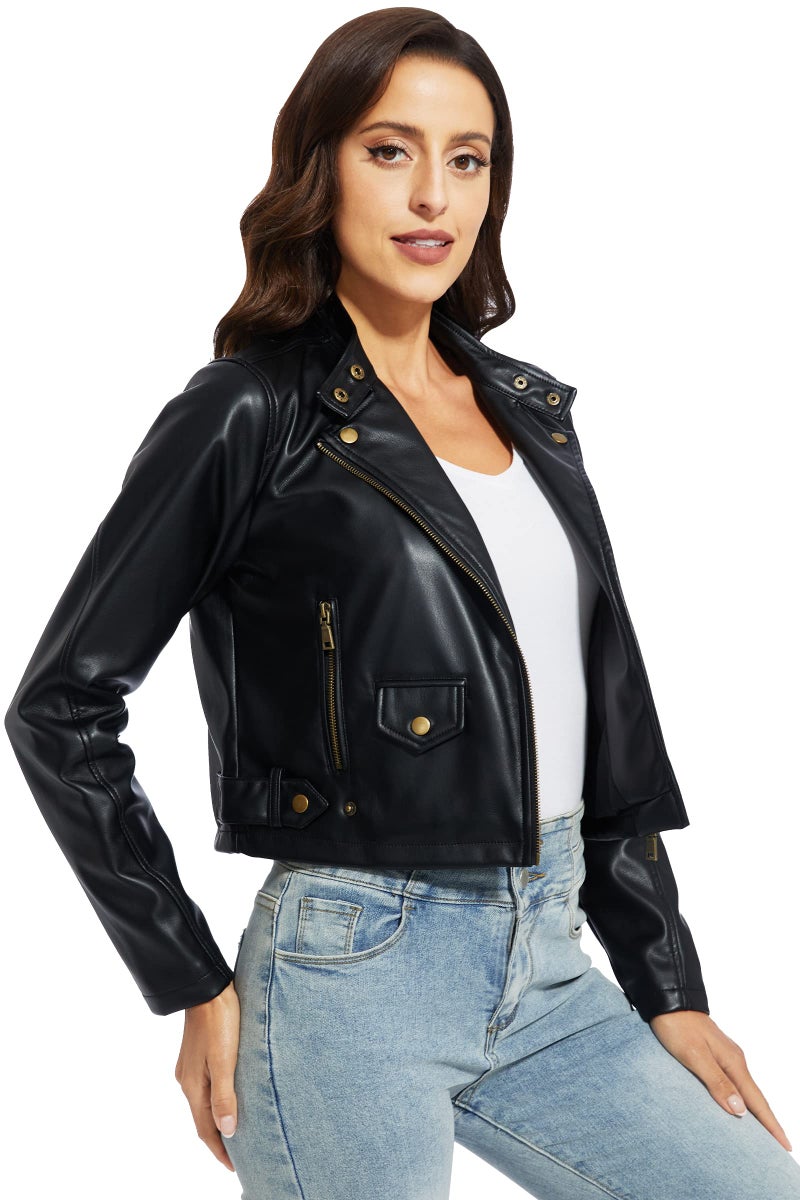 Fahsyee Faux Leather Jacket Women - Black Motorcycle Cropped Short Coat Moto Biker Blazer Slim Size Casual Soft Jackets Fashion M - Image 4