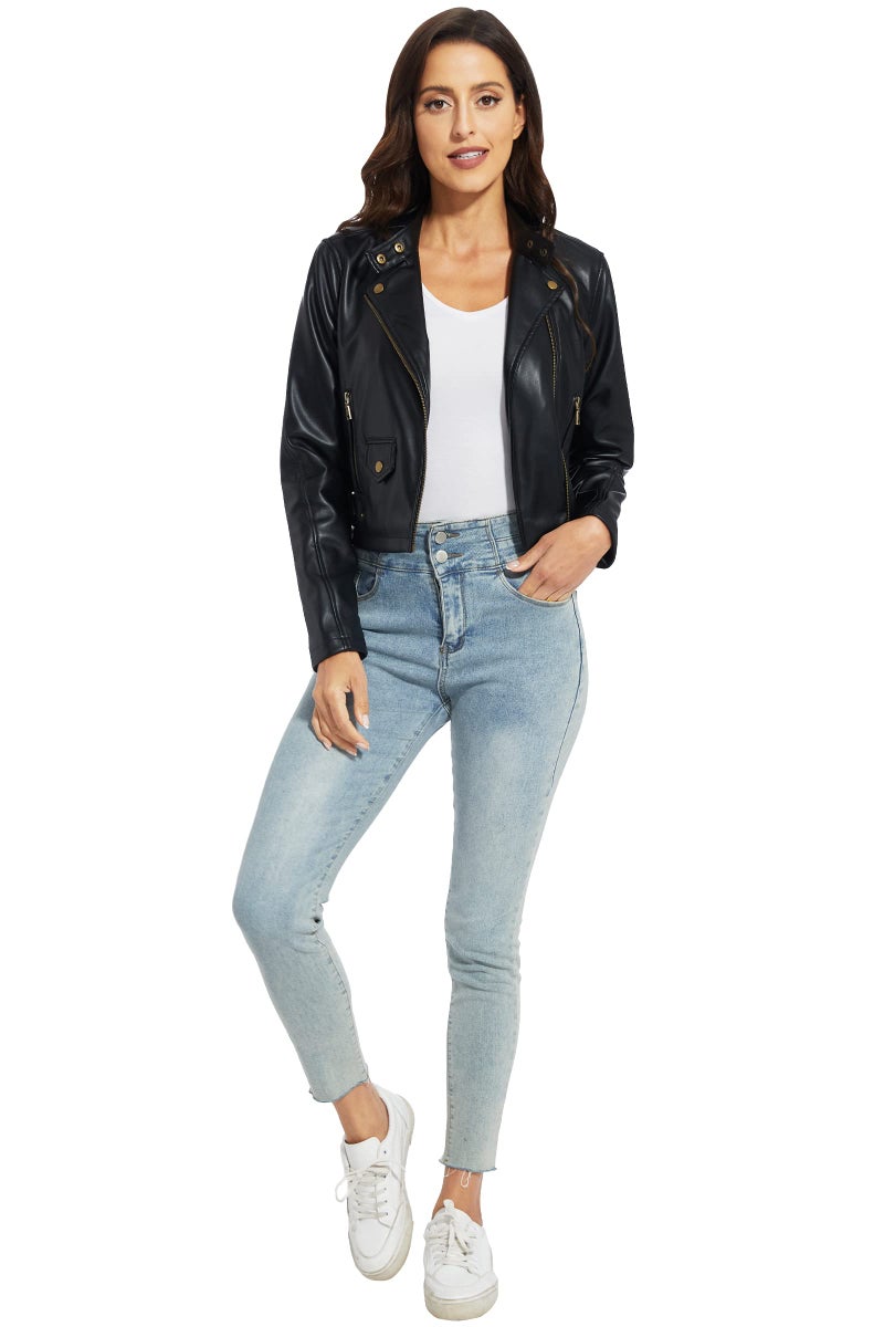 Fahsyee Faux Leather Jacket Women - Black Motorcycle Cropped Short Coat Moto Biker Blazer Slim Size Casual Soft Jackets Fashion M - Image 2