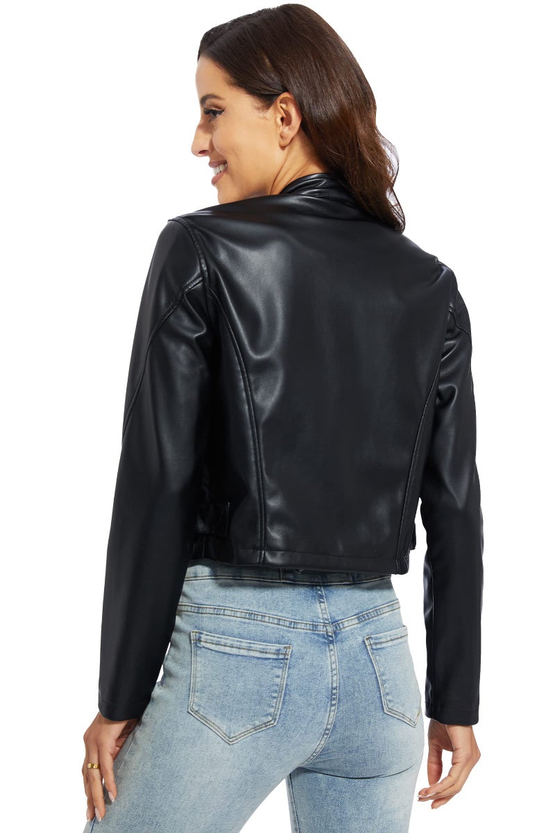 Fahsyee Faux Leather Jacket Women - Black Motorcycle Cropped Short Coat Moto Biker Blazer Slim Size Casual Soft Jackets Fashion M - Image 5