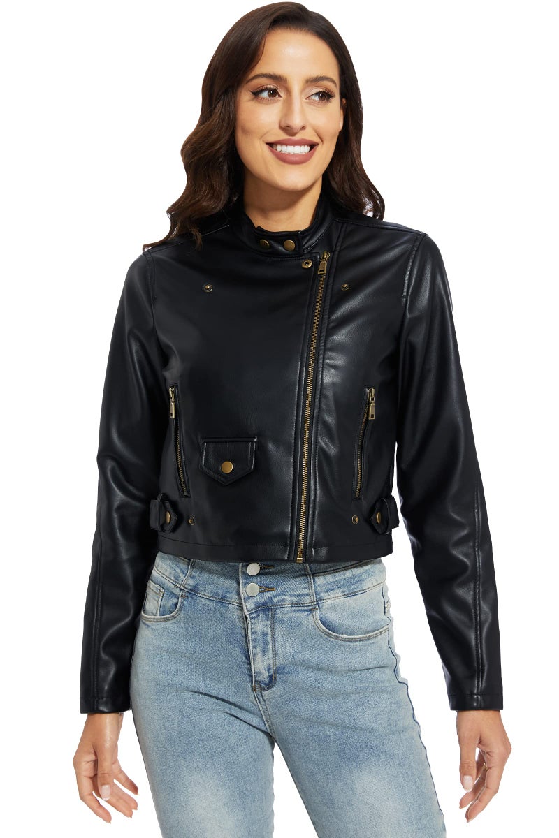 Fahsyee Faux Leather Jacket Women - Black Motorcycle Cropped Short Coat Moto Biker Blazer Slim Size Casual Soft Jackets Fashion M - Image 3
