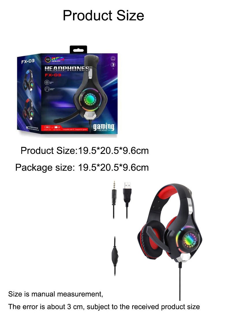 Flash Hawk - FX-03 RGB Wired Over Ear Gaming Headset with Microphone Black Red - Image 1