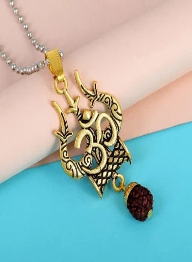 VIEN Lord Shiva Symbol Trishul with Om Rudraksha Pendant Locket Gold-plated Brass Locket - Image 4