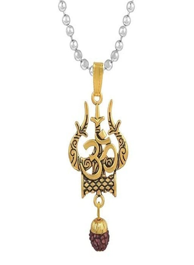 VIEN Lord Shiva Symbol Trishul with Om Rudraksha Pendant Locket Gold-plated Brass Locket - Image 1