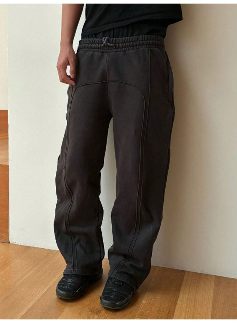 Men's Black Wide Leg Sweatpants Loose Fit Drawstring Straight Casual Trousers - Image 1