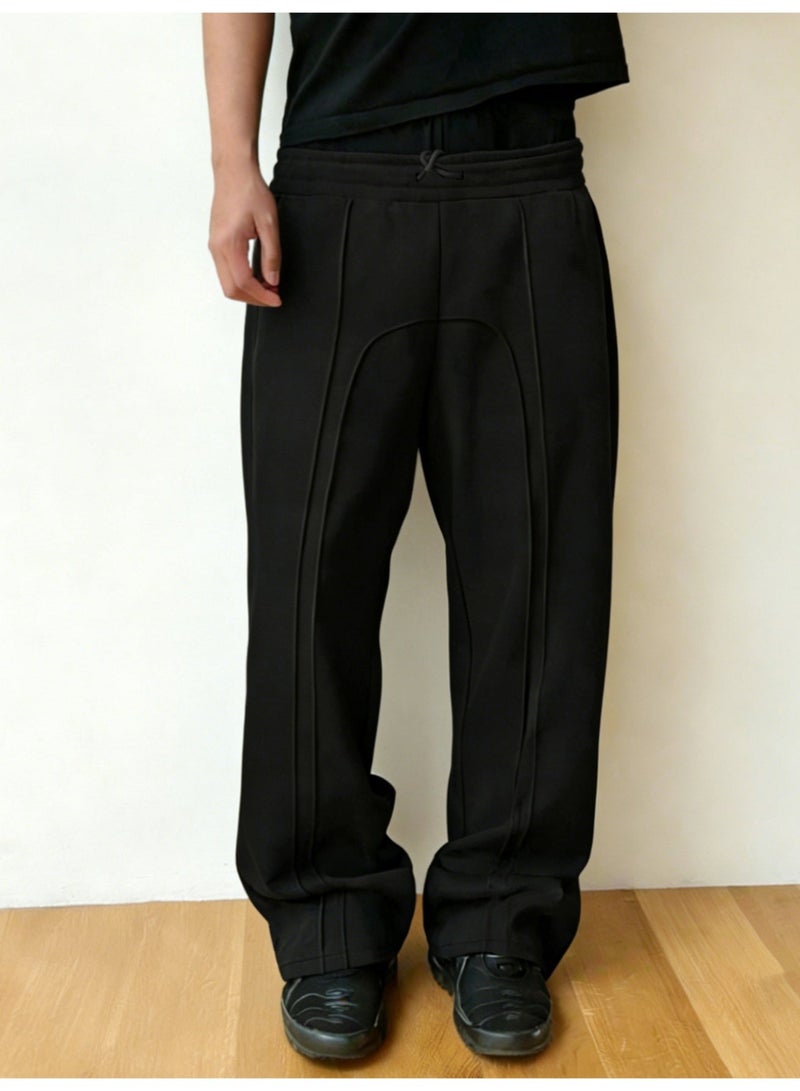 بنطال رياضي رجالي أسود واسع الساق، فضفاض، برباط، مستقيم، كاجوال - Image 1