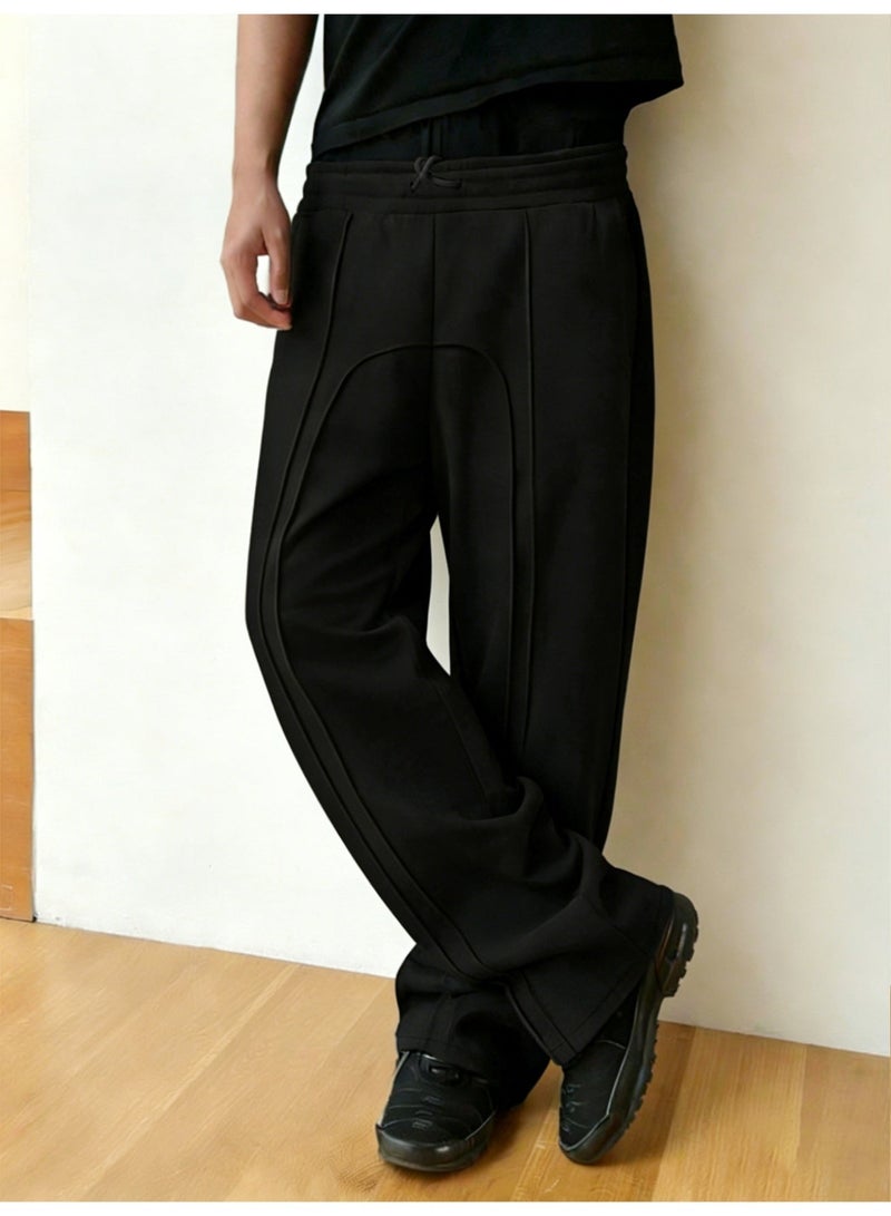 بنطال رياضي رجالي أسود واسع الساق، فضفاض، برباط، مستقيم، كاجوال - Image 3