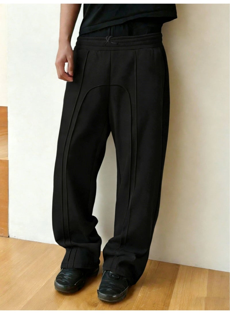 بنطال رياضي رجالي أسود واسع الساق، فضفاض، برباط، مستقيم، كاجوال - Image 2