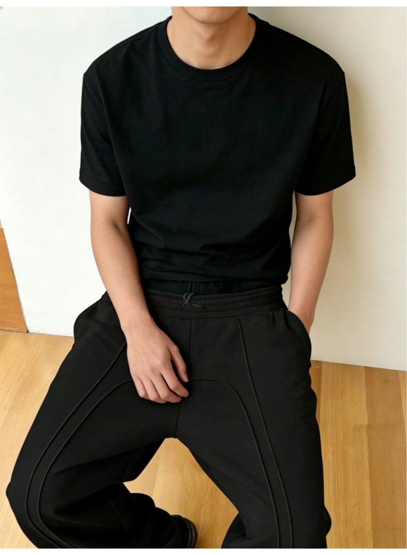 بنطال رياضي رجالي أسود واسع الساق، فضفاض، برباط، مستقيم، كاجوال - Image 4